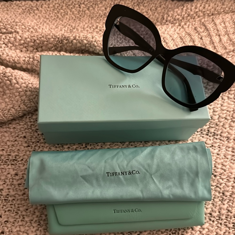 Blue and Black classic Tiffany & Co sunglasses with box, dust rag, and holder